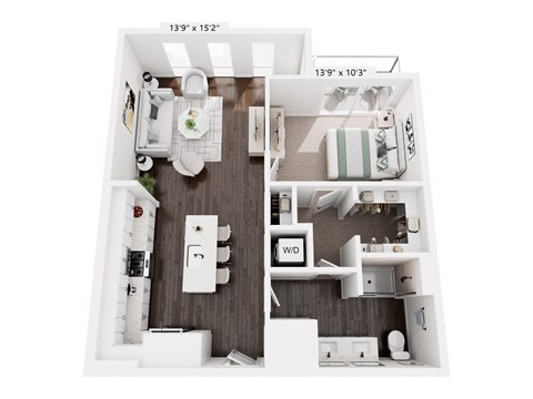 A floor plan of a small apartment with a kitchen, living room, and bathroom.